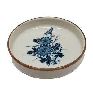 Japanese Stoneware Bowl Circa 1970s Gray Blue Flowers Brown Rim Trinket Decor